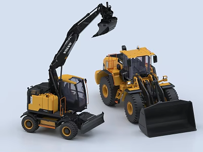 Yellow And Black Utility Vehicles Model Excavator And Loader With Detailed Structure 3d model