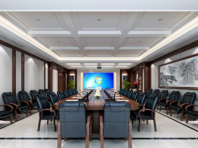 Elegant Formal Conference Room With Long Table Black Leather Chairs Large Screen And Ceiling Design 3d model