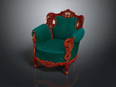 Vintage Green Velvet Armchair With Red Carved Wooden Frame And Curved Legs 3d model
