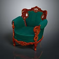 Vintage Green Velvet Armchair With Red Carved Wooden Frame And Curved Legs