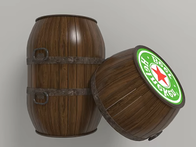 Vintage Wooden Barrel Decorative Ornament Set With Green Logo And Red Star 3d model