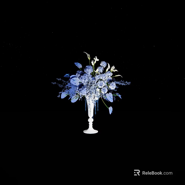 White Vase With Blue And White Flowers On Black Background For Decor 3d model 