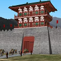 Ancient Chinese Architecture City Gate Tower With Red Flags City Wall And Camels