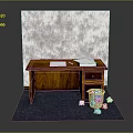Scene With Brick Wall Wooden Desk Papers Pen Trash Can Paper Balls And Blue Carpet