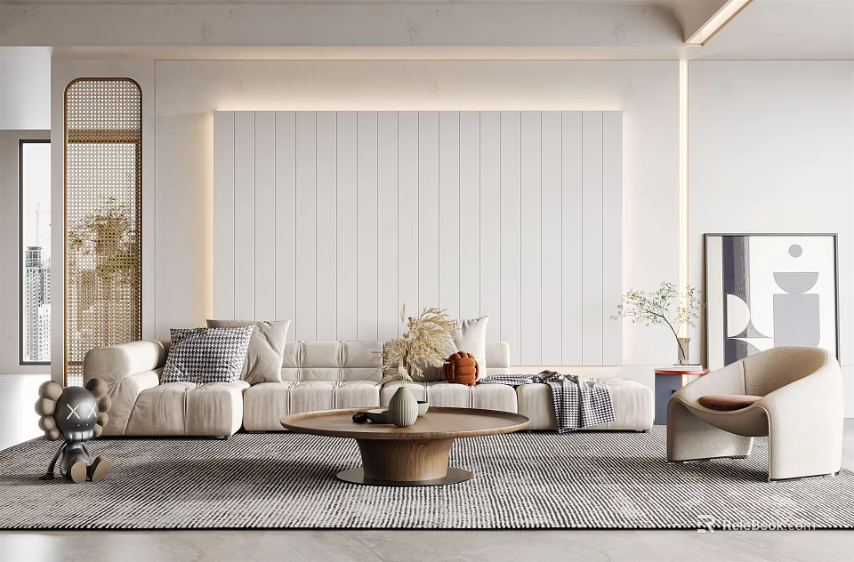 Modern Living Room Interior with Light Gray Sofa Wooden Coffee Table Textured Rug and Vertical Slat Wall 3d model 