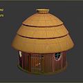 Traditional Wooden Hut With Yellow Multi Layered Straw Roof And Round Windows