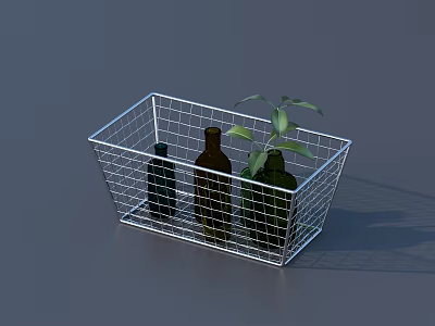 Wire Basket with Glass Vases and Green Leaf Plant Decoration 3d model