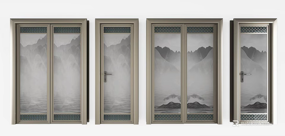 Modern Door Components With Metal Frames Glass Panels And Landscape Patterns 3d model