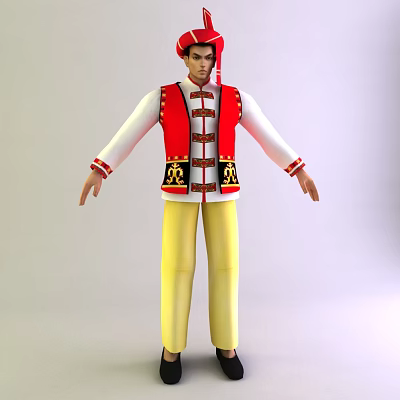 Man Wearing Red Vest With Gold Decorations White Long Sleeves And Yellow Pants 3d model Man Wearing Red Vest With Gold Decorations White Long Sleeves And Yellow Pants 3d model