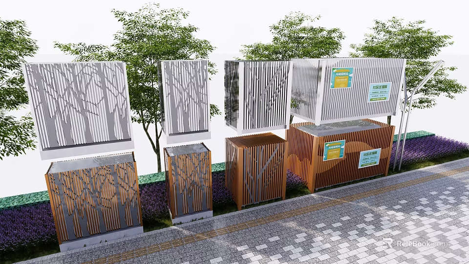 Outdoor Decorative Wall Hangings With Unique Patterns And Surrounding Greenery 3d model