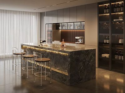 Modern Bar Counter With Marble Countertop Bar Stools And Wine Storage Cabinets 3d model