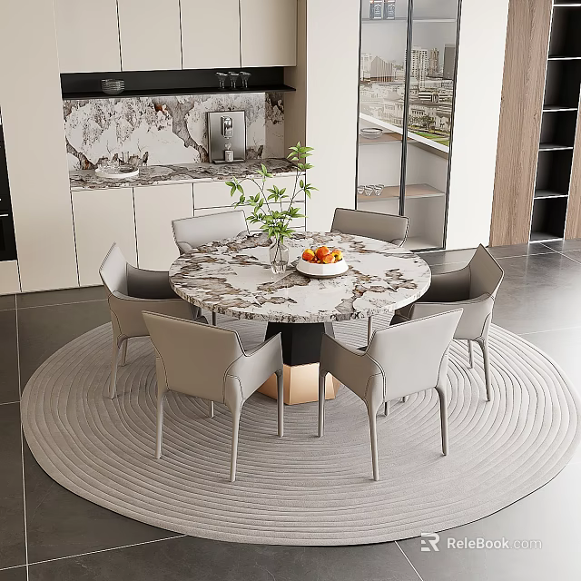 Modern Restaurant Interior With Round Marble Dining Table Gray Chairs And Round Rug 3d model 