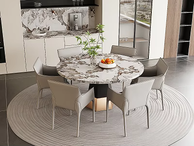 Modern Restaurant Interior With Round Marble Dining Table Gray Chairs And Round Rug 3d model