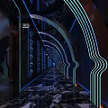 Modern Luxury KTV Interior With Blue Lighting Round Ceiling Marble Floor And Bar Counter
