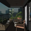 Modern Home Balcony Interior with Green Plants Chairs Table Bench and City View