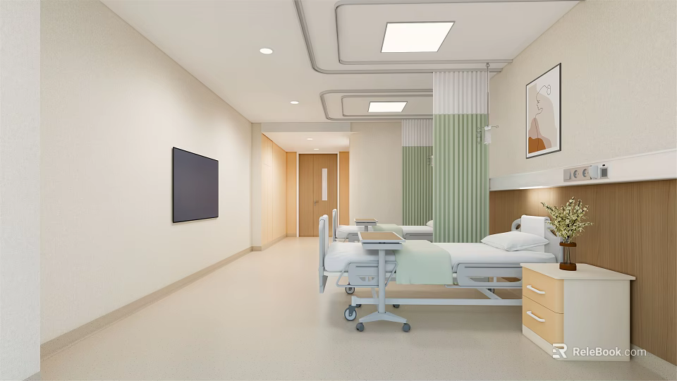 Modern Hospital Ward Interior With Hospital Bed TV Green Curtains And Lighting 3d model 