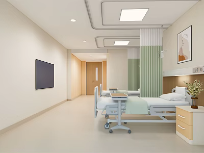 Modern Hospital Ward Interior With Hospital Bed TV Green Curtains And Lighting 3d model