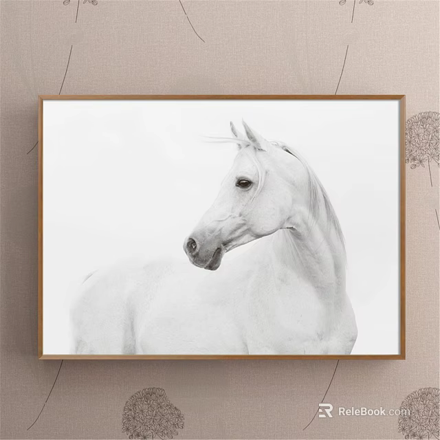 Framed Black And White Horse Animal Painting Featuring Side Profile And Wooden Frame 3d model 