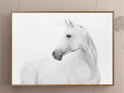 Framed Black And White Horse Animal Painting Featuring Side Profile And Wooden Frame 3d model