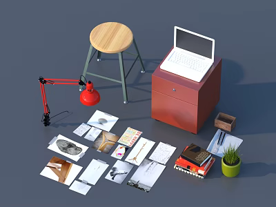 Scattered Books And Magazines On Floor With Red Lamp Laptop Vintage Typewriter And Green Plant 3d model