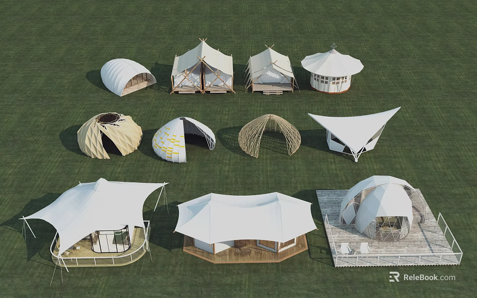 Tensile Membrane Structures With Various Shapes And Designs On Grassland 3d model
