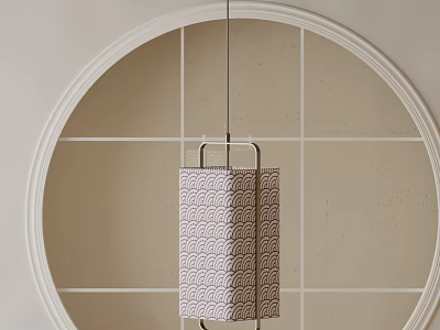 Modern Square Pendant Light with Wave Pattern and Circular Frame on Beige Wall 3d model