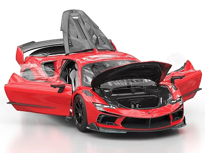 Red Sports Car With Open Doors And Hood Exterior Design Details 3d model