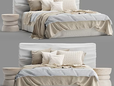 Double Bed with Soft Pillows Beige Linen Bedding and Wooden Bedside Stools 3d model