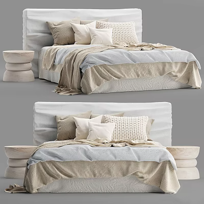 Double Bed with Soft Pillows Beige Linen Bedding and Wooden Bedside Stools 3d model
