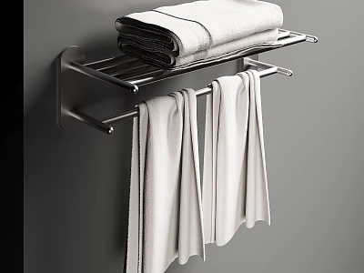 Modern Bathroom Shelf With Folded Towels On Top And Hanging Towels Below 3d model
