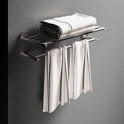 Modern Bathroom Shelf With Folded Towels On Top And Hanging Towels Below 3d model
