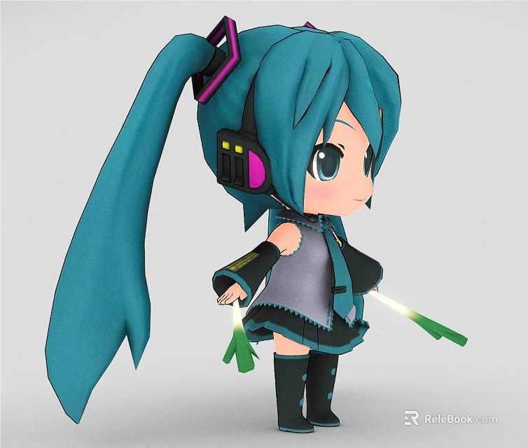 Anime Style Game and Movie Character With Blue Long Ponytail Headphones and Glowing Items 3d model 