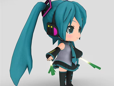 Anime Style Game and Movie Character With Blue Long Ponytail Headphones and Glowing Items 3d model