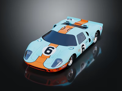 Light Blue And Orange Classic Race Car With Number 6 And Vintage Design 3d model