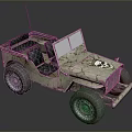 Vintage Off Road Jeep With Camouflage Pattern Open Top And Checkered Seats