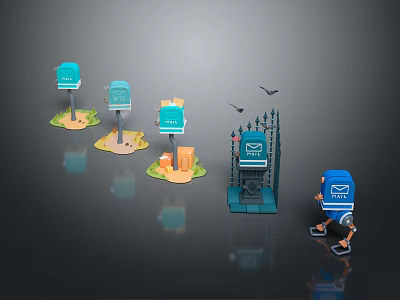 Blue Mailboxes Arranged With Delivery Figure Gate And Flying Birds 3d model