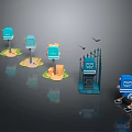 Blue Mailboxes Arranged With Delivery Figure Gate And Flying Birds 3d model