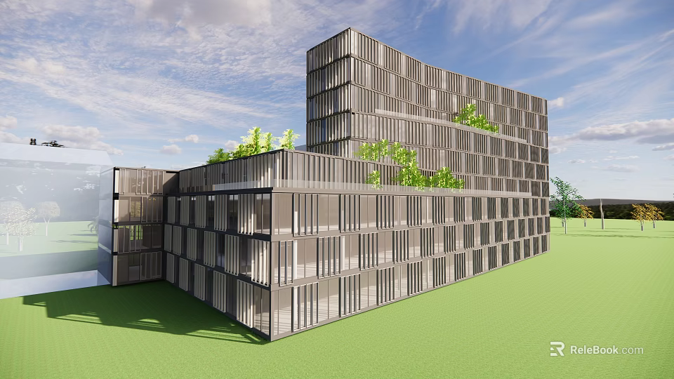 Modern Office Building With Glass Facade And Green Roof Design Elements 3d model 