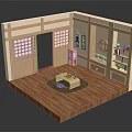 Cartoon Scene of Cozy Wooden Room Interior with Grid Windows Table Bookshelf and Decorative Elements