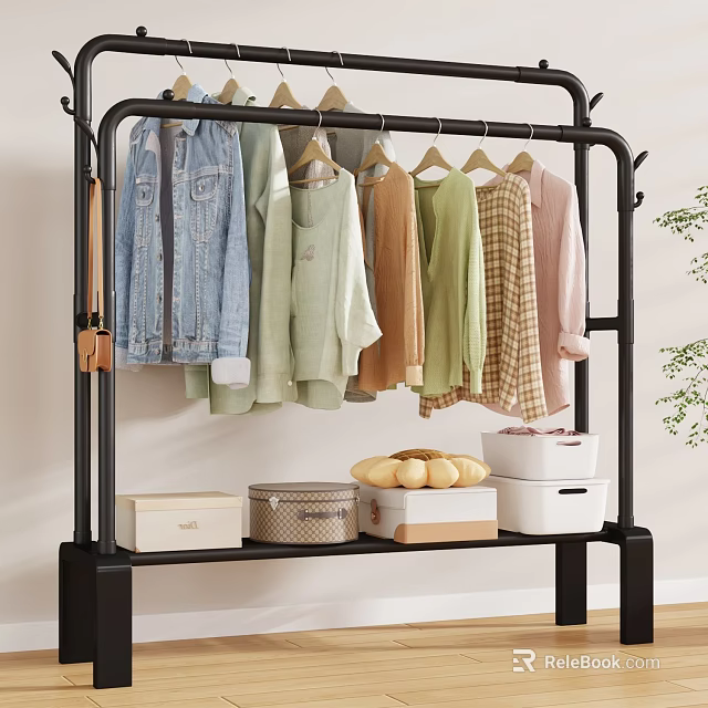 Black Metal Clothing Rack with Hanging Clothes Storage Boxes and Fruit Basket for Home Organization 3d model 