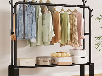 Black Metal Clothing Rack with Hanging Clothes Storage Boxes and Fruit Basket for Home Organization 3d model