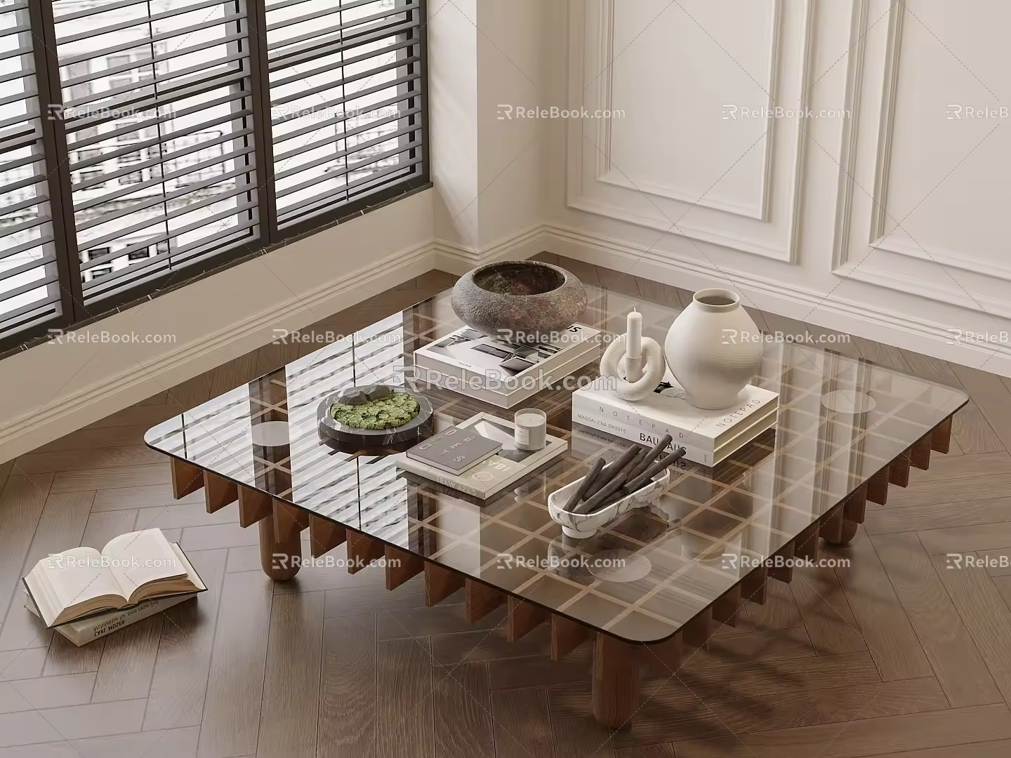 Middle Wood Style Coffee Table Combination 3d model