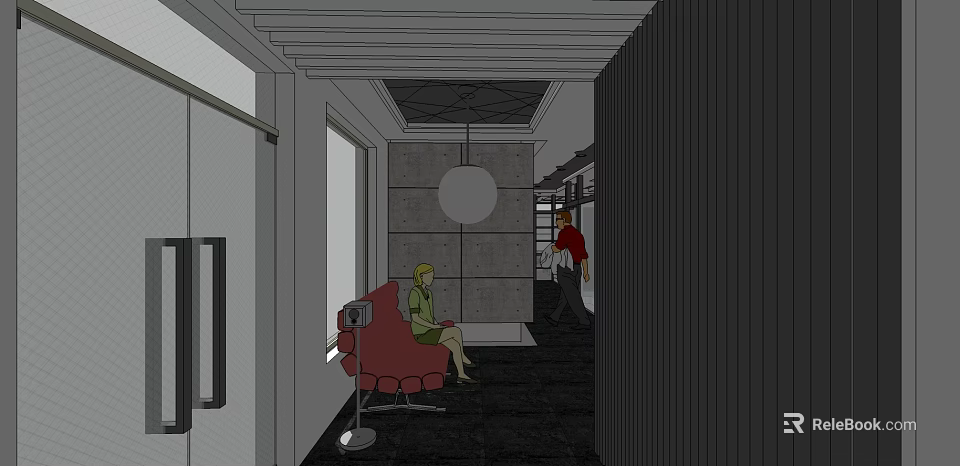 Comfortable Lounge Area Interior With Red Chair Gray Walls And Hanging Lamp 3d model 