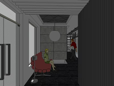 Comfortable Lounge Area Interior With Red Chair Gray Walls And Hanging Lamp 3d model