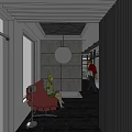 Comfortable Lounge Area Interior With Red Chair Gray Walls And Hanging Lamp