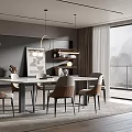 Modern Restaurant Interior With White Dining Table Chairs Open Shelves Pendant Light And Mountain View Window