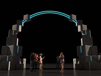 Modern Illuminated Blue Archway Structure With Stone Blocks And People Standing 3d model