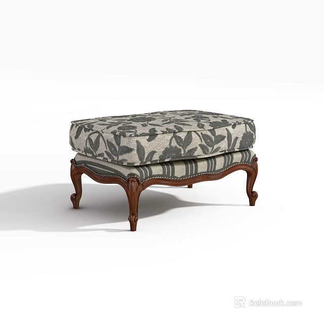 Classic Ottoman With Floral Patterned Fabric And Carved Wooden Legs 3d model 