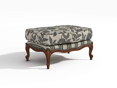 Classic Ottoman With Floral Patterned Fabric And Carved Wooden Legs 3d model