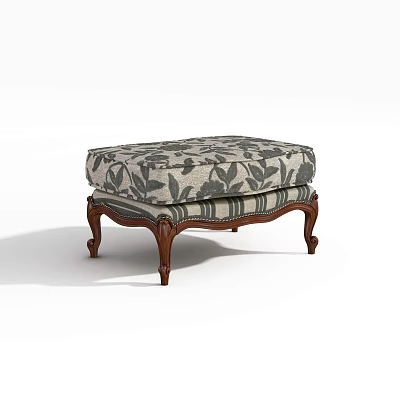 Classic Ottoman With Floral Patterned Fabric And Carved Wooden Legs 3d model